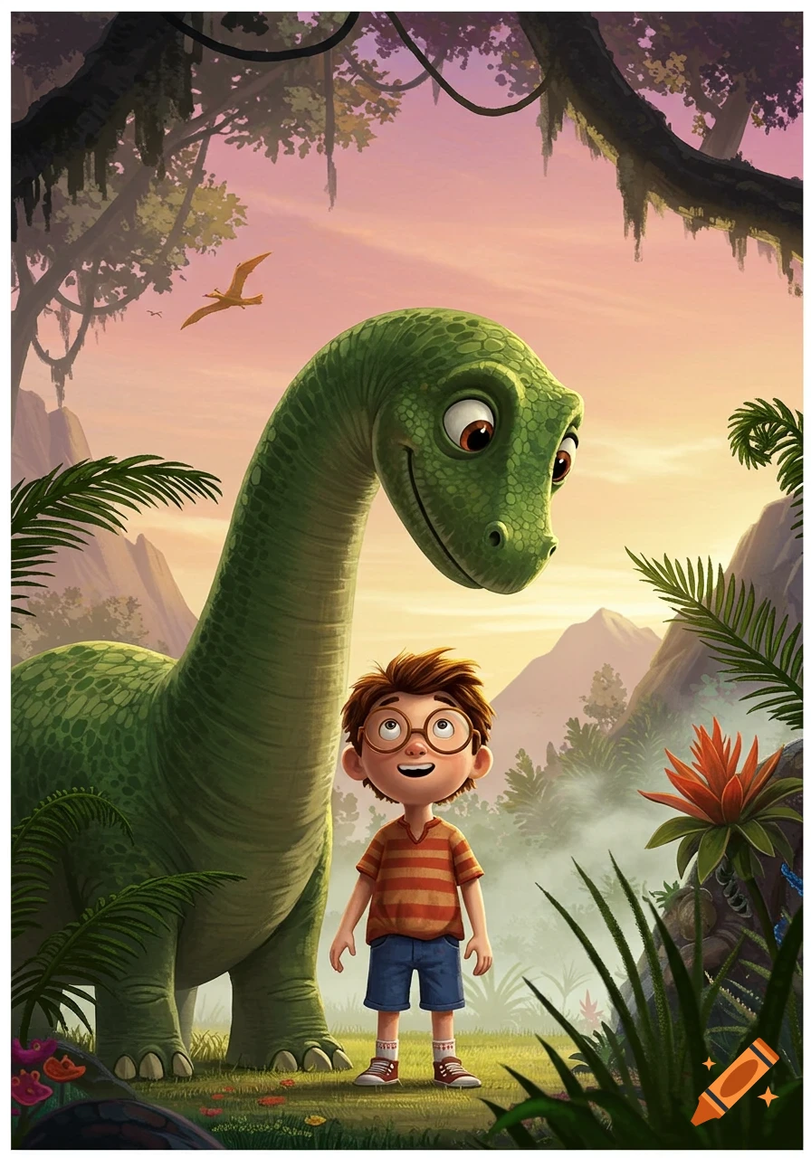 A cartoon boy looks up at a friendly green brontosaurus in a lush prehistoric jungle at sunset.