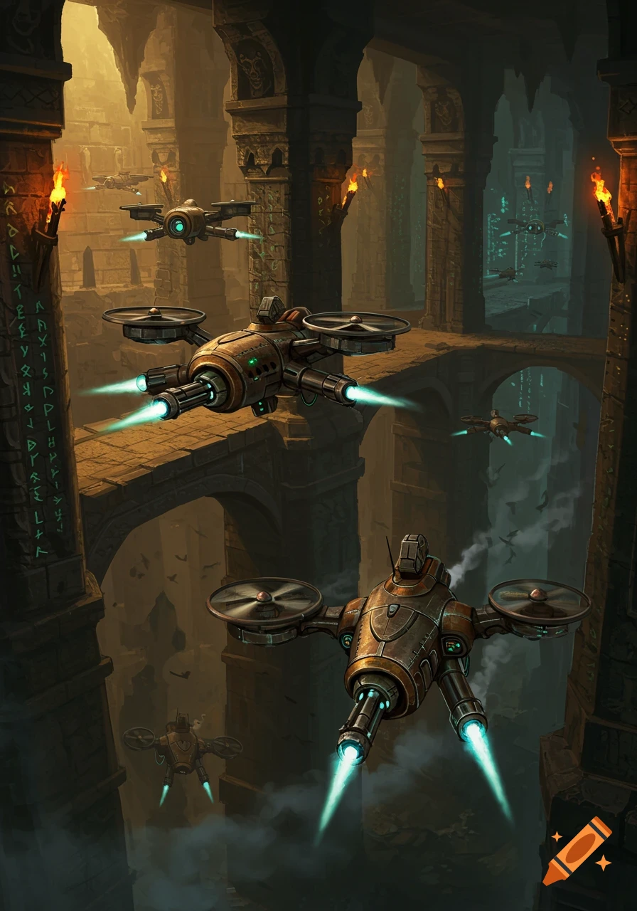 Drones with glowing engines fly through a dark, ancient dungeon with glowing torches and archways, in a fantasy sci-fi art style.