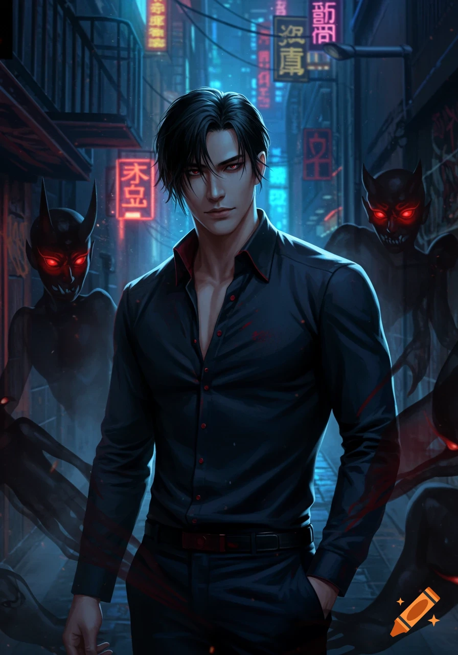 An anime-style dark-haired man with red eyes in a neon alley, flanked by shadowy red-eyed demons.