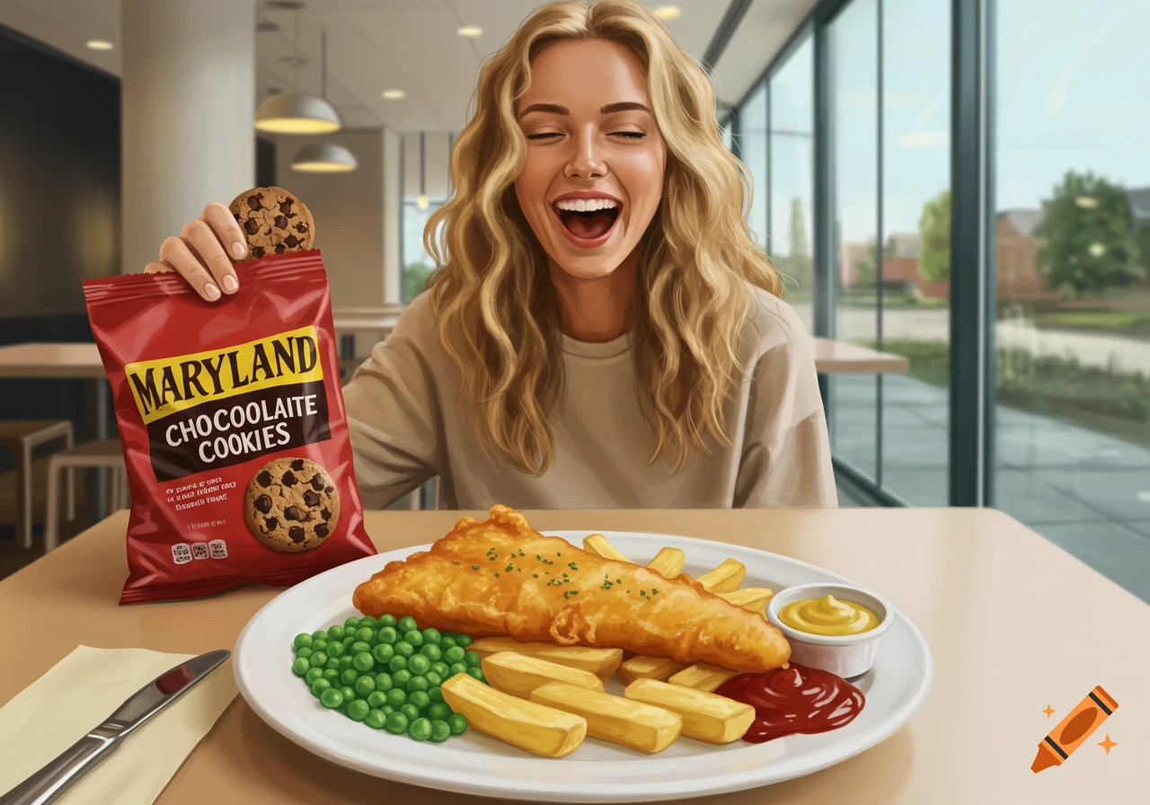 A smiling woman holds a red bag of cookies while sitting at a table with a plate of fish, chips, peas, ketchup, and mustard.