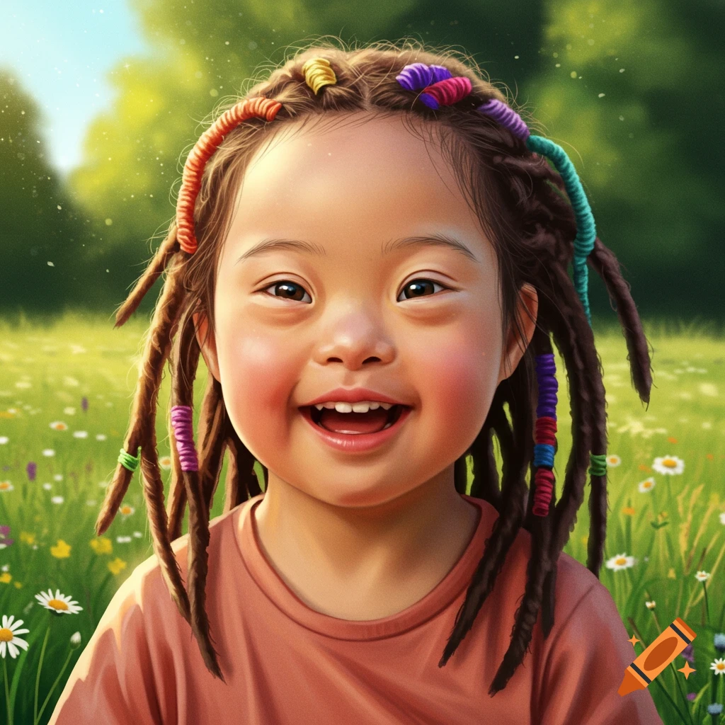 A smiling child with colorful dreadlocks in a sunny field of green grass and wildflowers, looking at the camera.