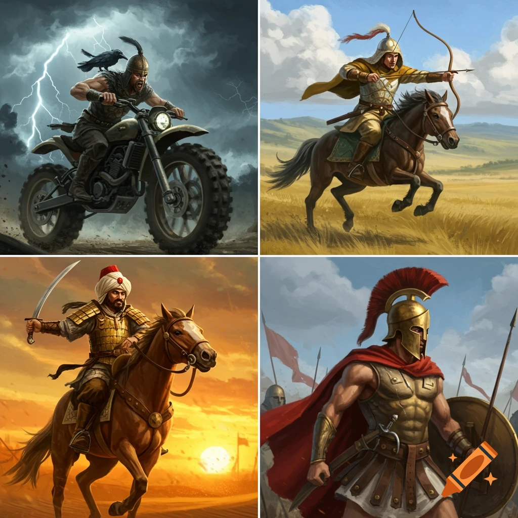 Four panels depicting warriors: a berserker on a motorcycle, a Mongol horse archer, a Mamluk warrior on horseback, and a Spartan hoplite.