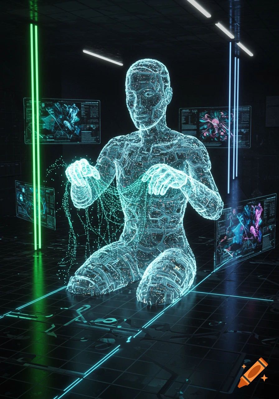 A glowing, translucent humanoid figure made of circuits interacts with holographic screens in a dark, futuristic room.