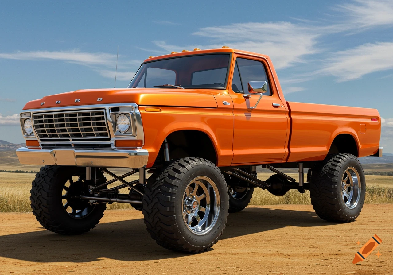 An orange 1975 Ford F-250 pickup truck with a lift kit, chrome wheels, and mud tires parked on a dirt road.