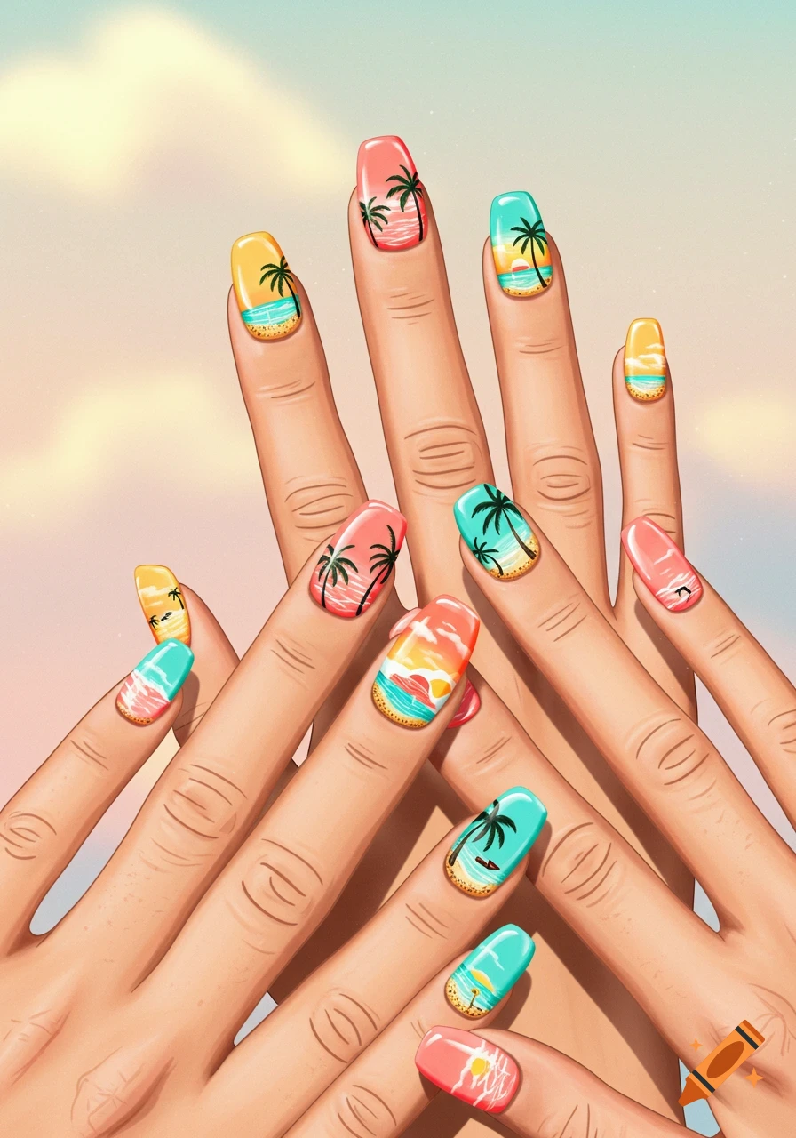 Close-up of hands with colorful summer-themed nail art featuring sunsets, beaches, and palm trees in an illustrative style.