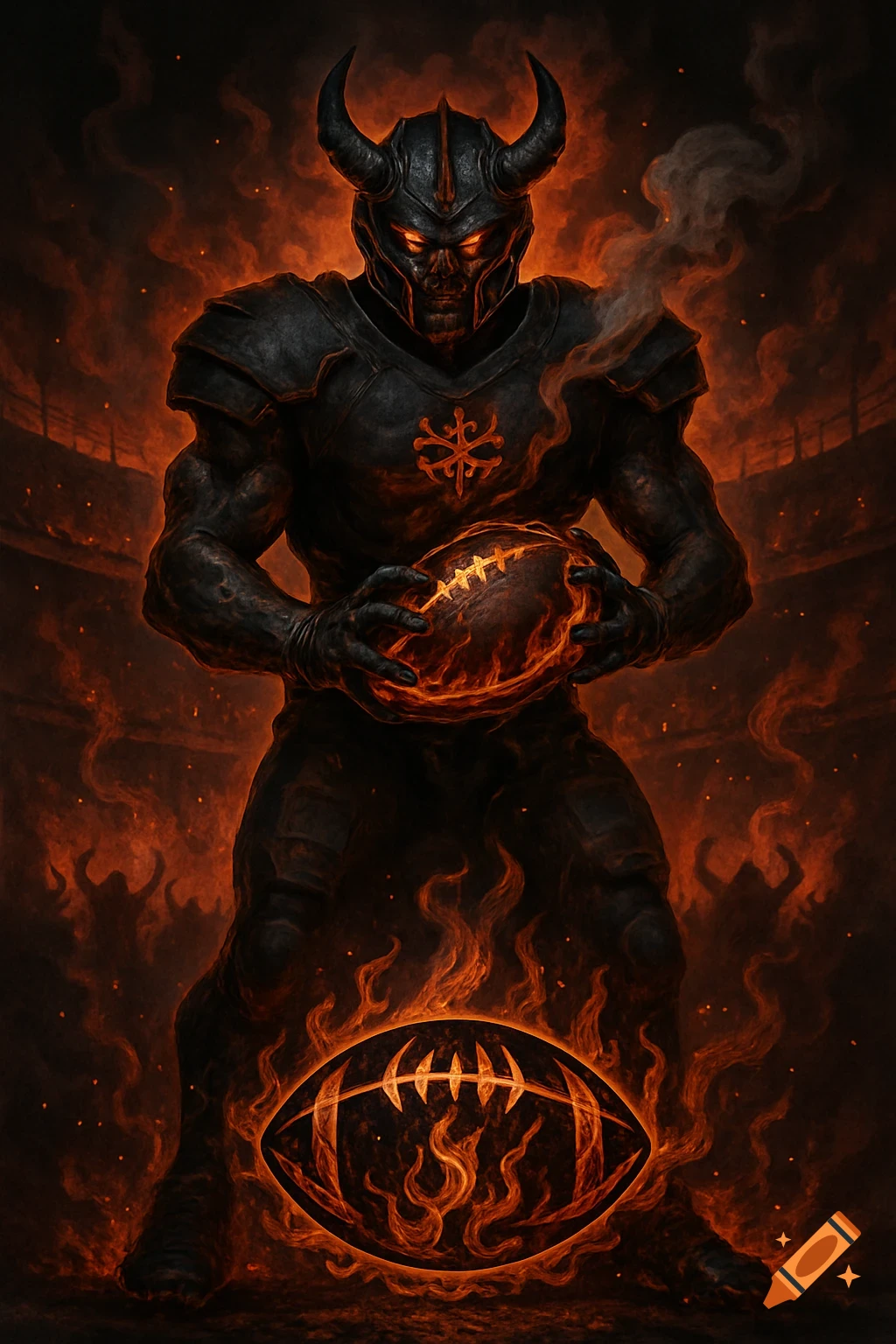A horned demon in dark armor holds a flaming football, with another fiery football on the ground, in a stadium engulfed in red and orange flames.