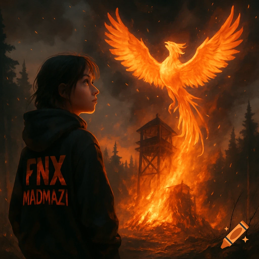 A person in a hoodie looks at a fiery phoenix rising from a burning watchtower in a dark forest, digital art.