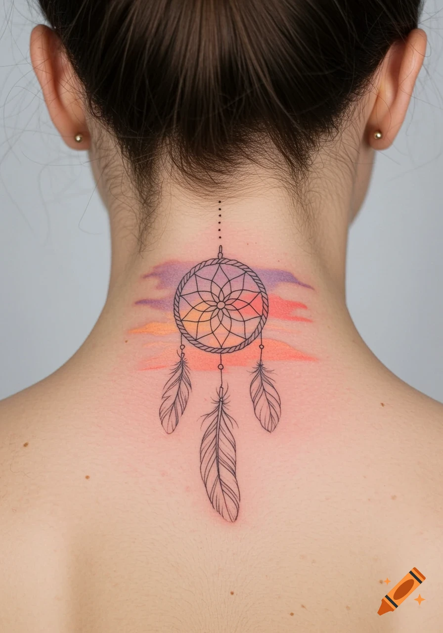 A fine line dream catcher tattoo with three feathers on the back of a neck, set against a subtle watercolor sunset background.