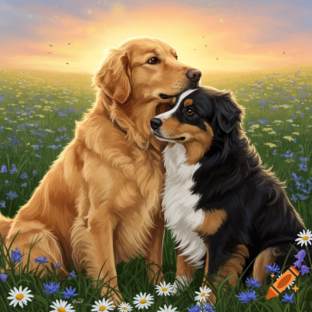 An illustration of a golden retriever and a black tri-color mini Aussie embracing in a field of wildflowers at sunset.