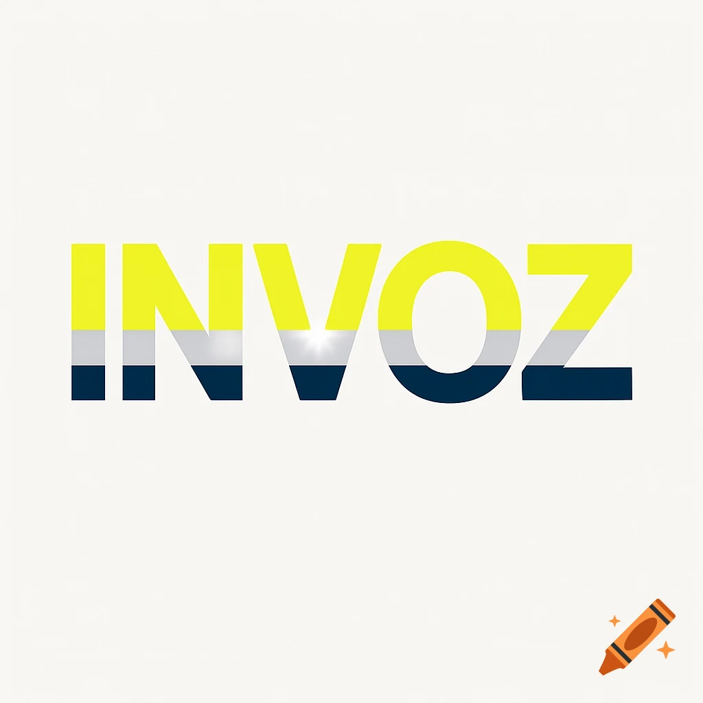 The word INVOZ in large, bold letters with horizontal bands of yellow, silver, and navy blue.