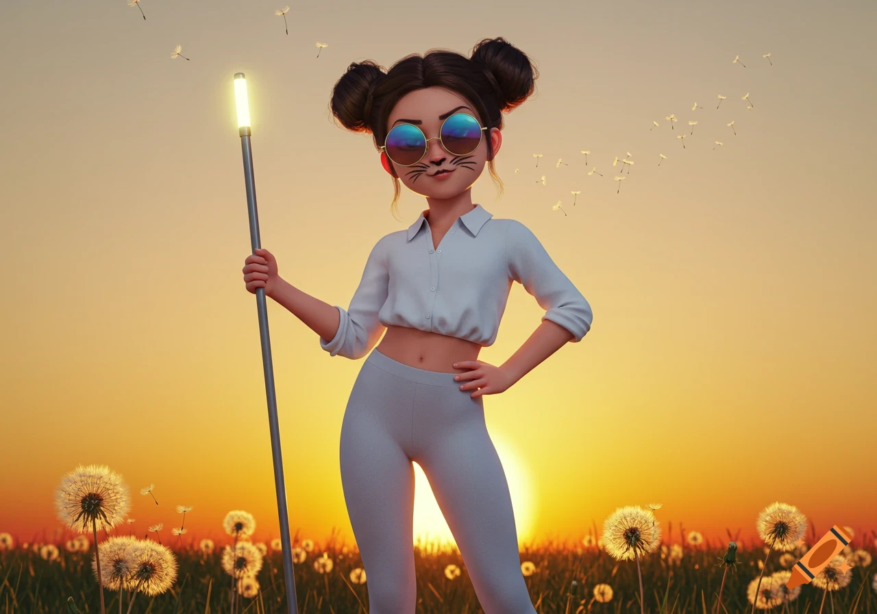 Stylized girl with space buns, sunglasses, and cat whiskers standing in a dandelion field at sunset, holding a glowing stick.