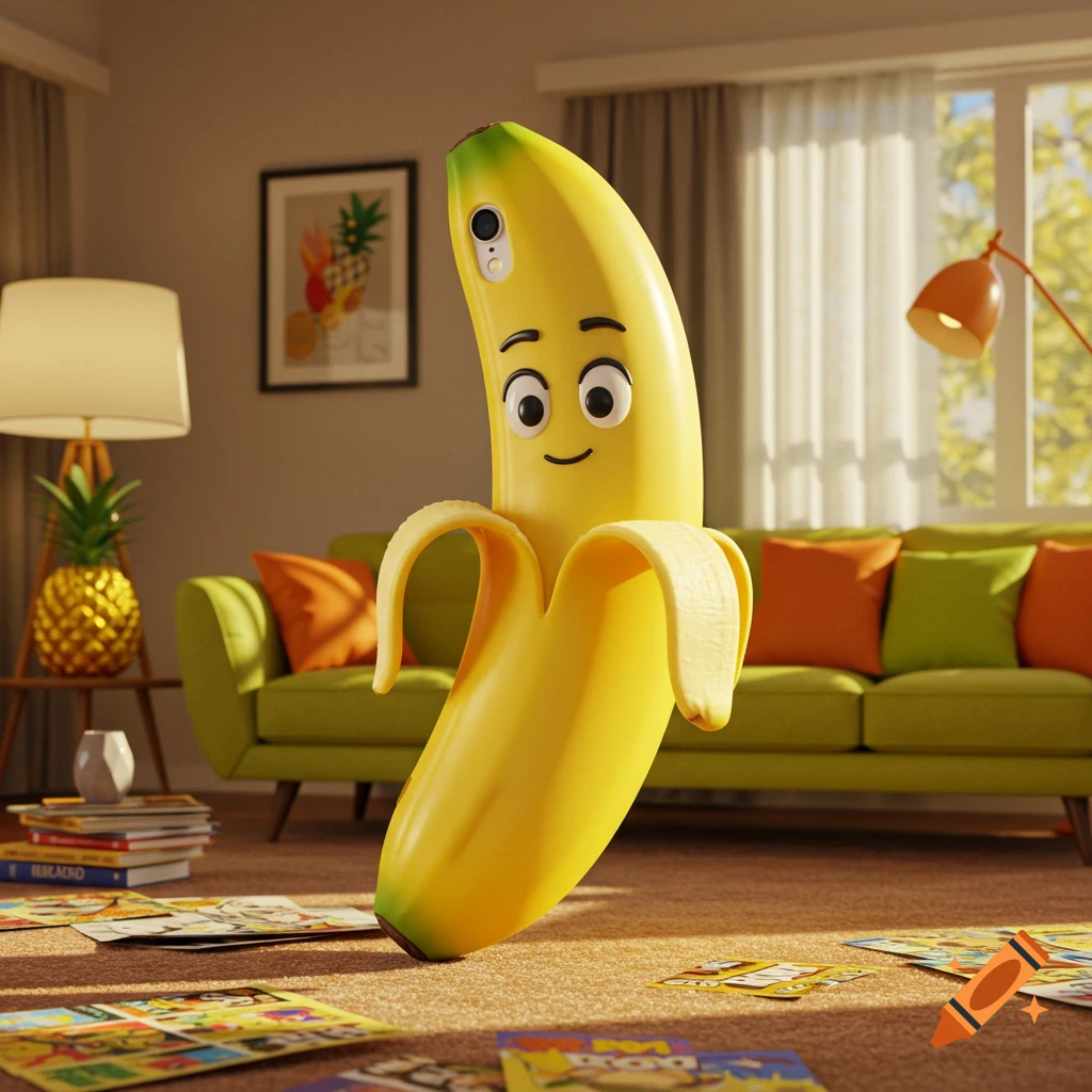 A cheerful, anthropomorphic peeled banana character with a phone camera on its head stands in a bright living room.