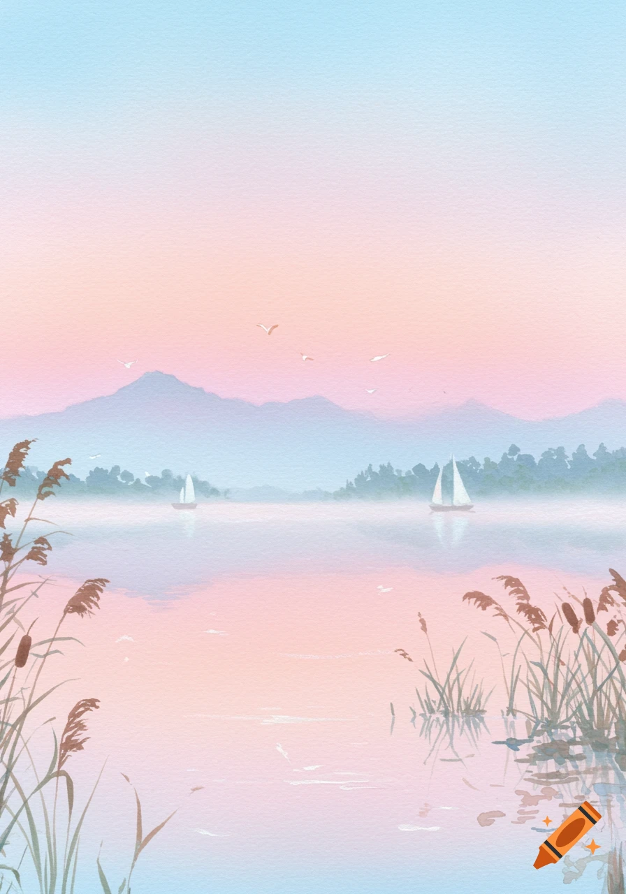 Watercolor painting of a serene lake at dawn or dusk, with distant mountains, sailboats, and reeds in the foreground.