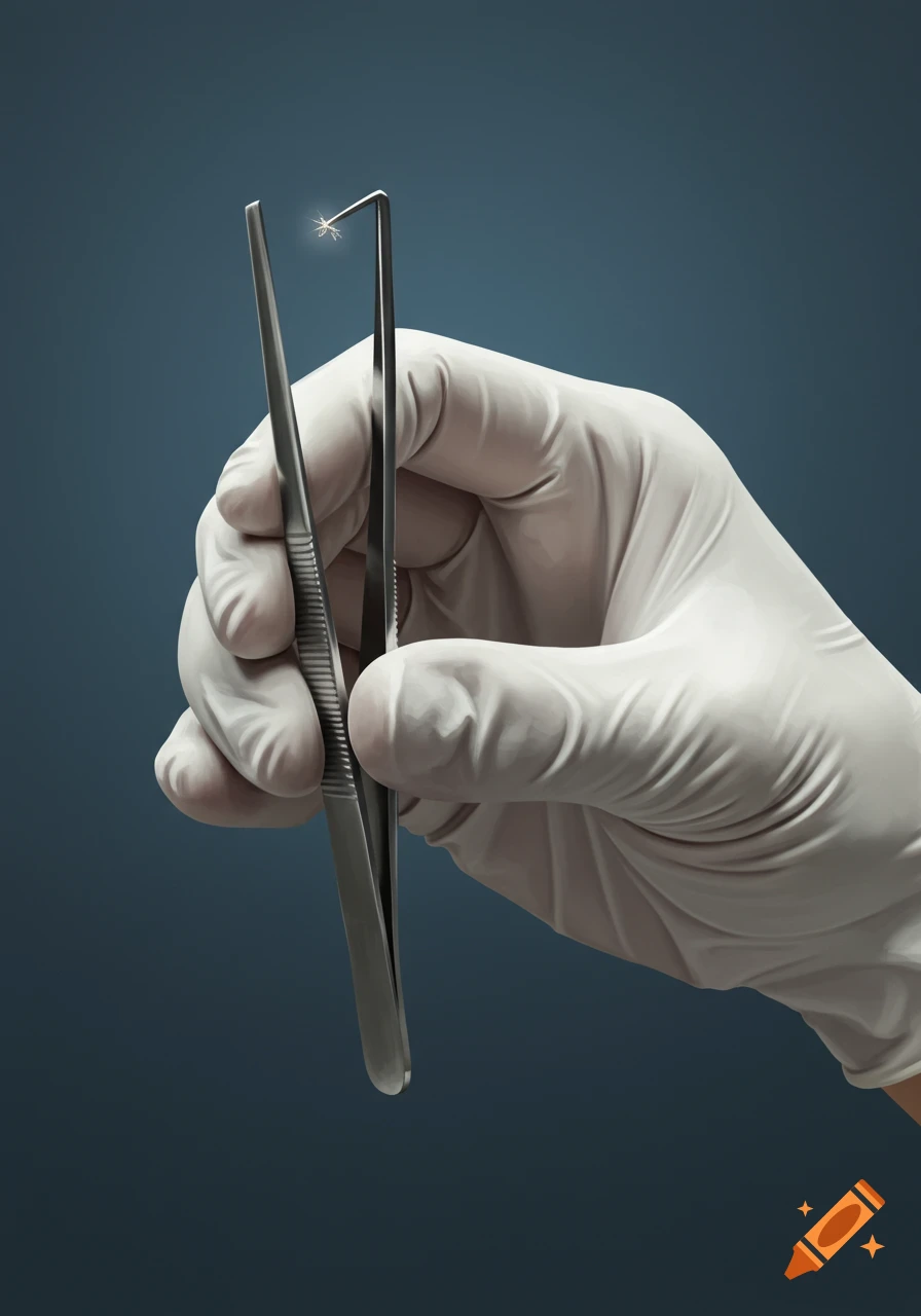 A gloved hand holds a pair of silver tweezers delicately holding a tiny, sparkling object.