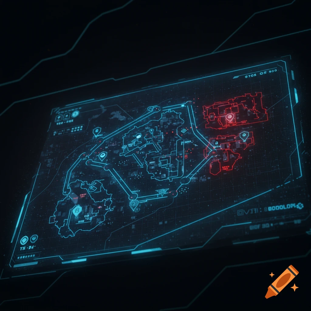 A futuristic holographic map or tactical display glowing in blue and red against a dark background, showing various lines and points.