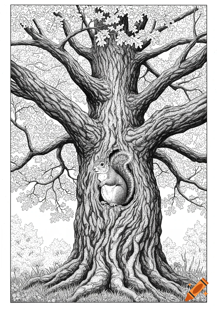 A detailed black and white pen and ink drawing of a squirrel in a hollow of a large oak tree.