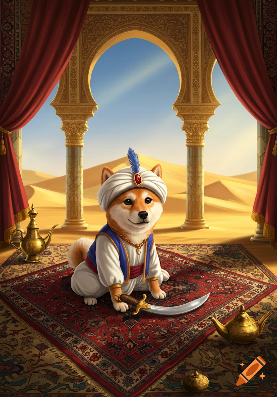 A cute Shiba Inu dog dressed as Sinbad, wearing a turban and blue vest, sitting on a red patterned rug in a desert palace.