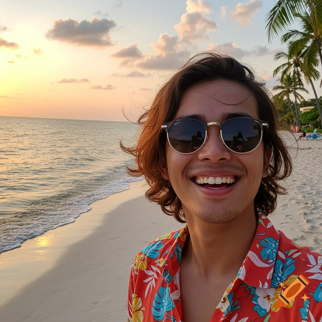 A smiling person in sunglasses and a Hawaiian shirt takes a selfie on a beach at sunset, with ocean and palm trees in the background.