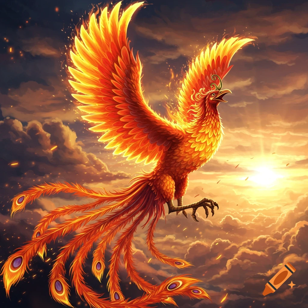 A vibrant, fiery phoenix with outstretched wings soars through a dramatic, cloudy sky with a bright sunburst.