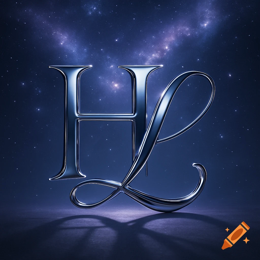 Glossy metallic letters H and L stand on a reflective surface under a dark, starry night sky.