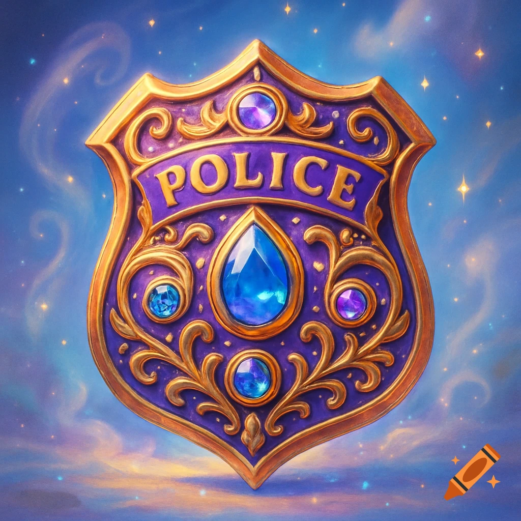 A fantasy police badge in purple and gold, adorned with blue and purple gemstones, against a starry blue sky.