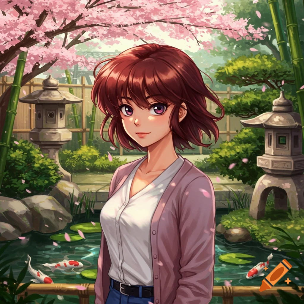 An anime woman in a serene Japanese garden with cherry blossoms and koi fish in a pond.
