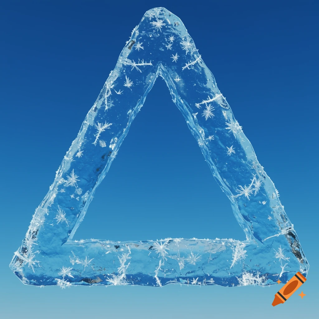 A floating triangle-shaped frame made of textured ice and frost against a clear blue sky.