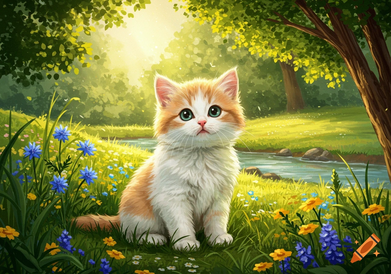 A fluffy orange and white kitten with green eyes sits in a vibrant, sunlit field with blue and yellow flowers next to a stream.