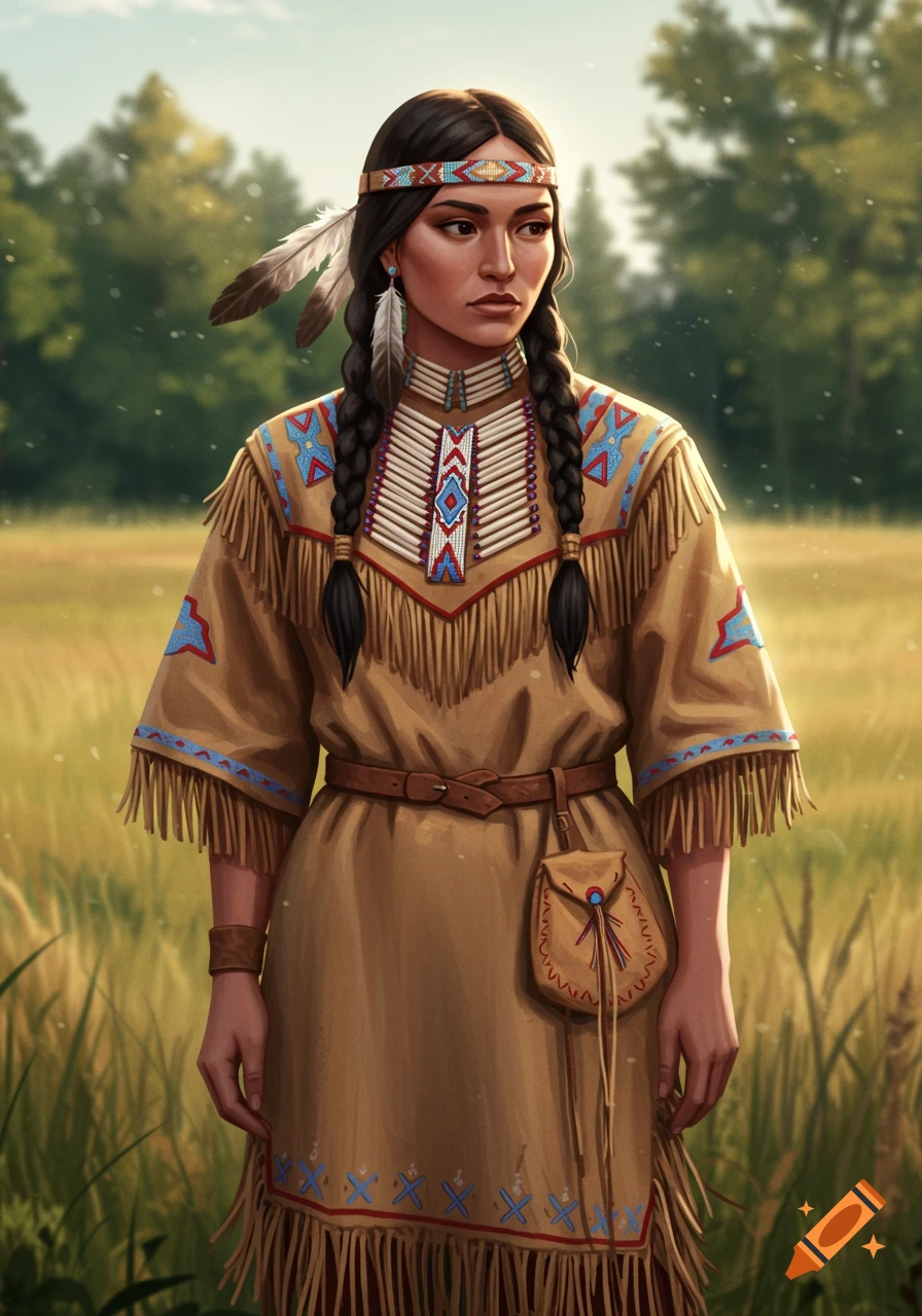 A young woman in a fringed, traditional Native American-inspired deerskin dress with braids and a feather stands in a grassy field.