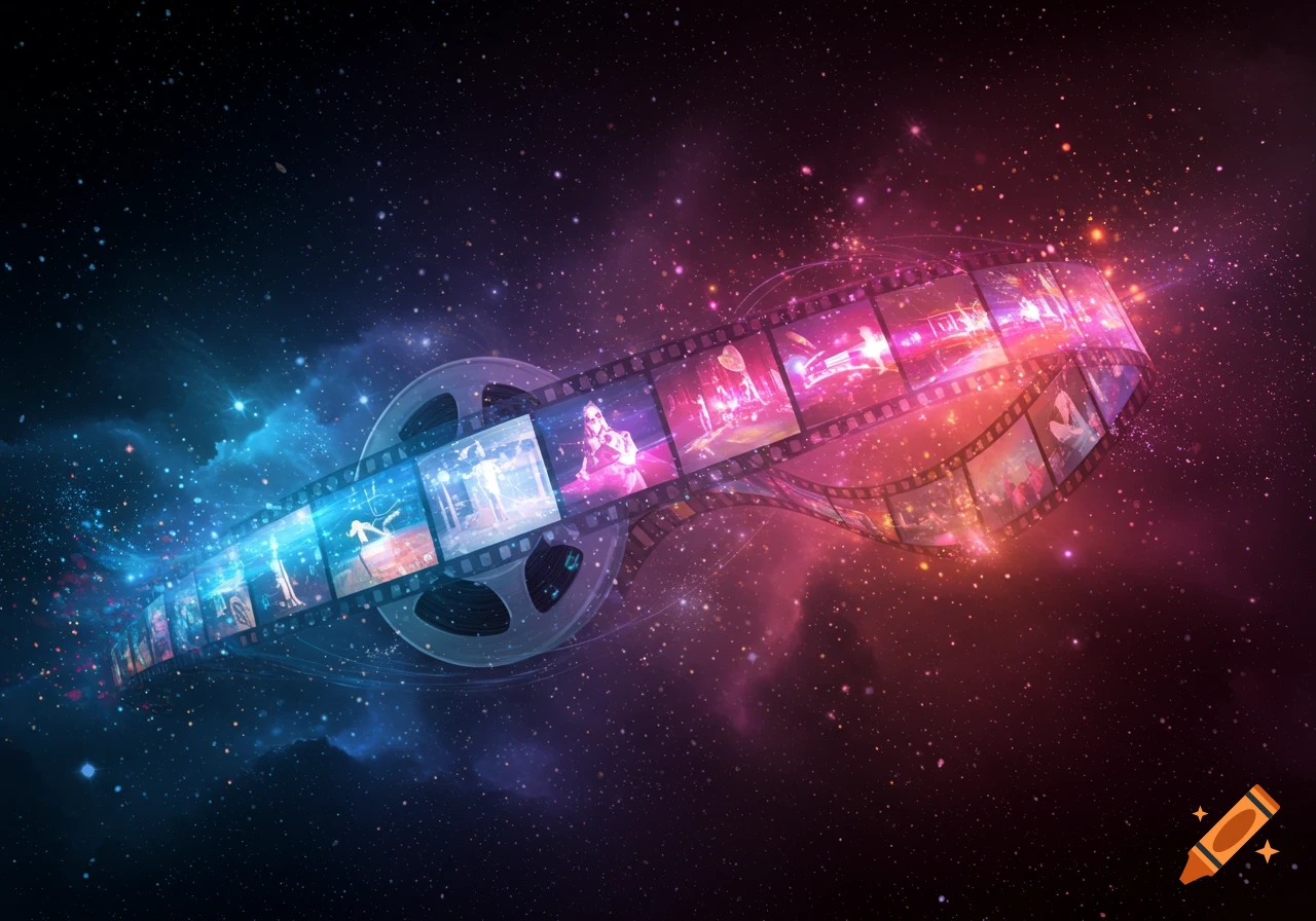 A glowing film reel with movie scenes on the strip curves through a cosmic, star-filled background with blue and pink nebulae.