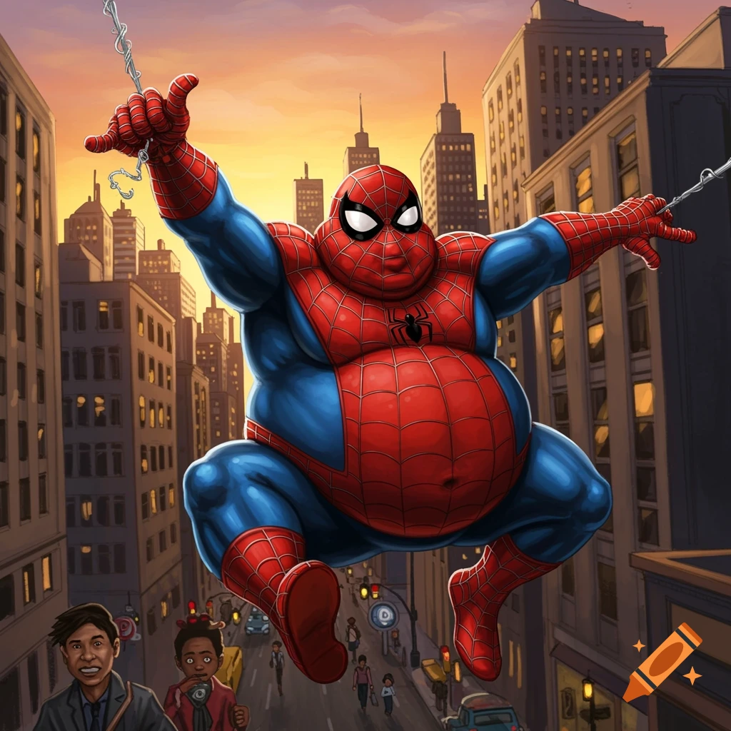 A fat Spiderman, belly hanging out, swings on a web over a city street at sunset in a comic art style.