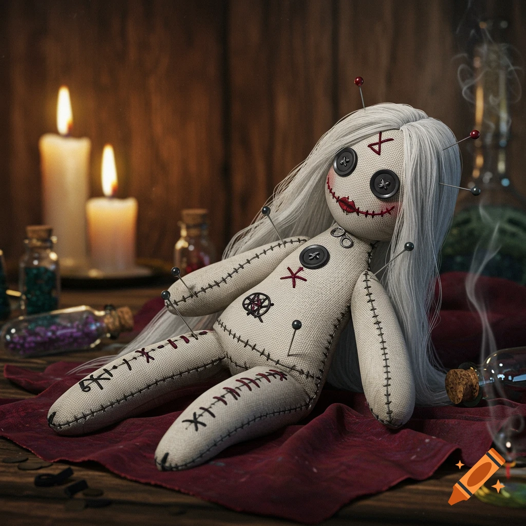 A white-haired voodoo doll with pins sits on a red cloth next to lit candles and small bottles, in a dimly lit, rustic setting.