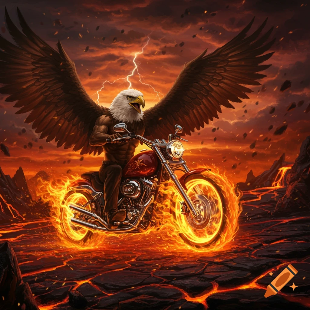 A muscular half-eagle half-man rides a fiery motorcycle across a lava landscape under a stormy, lightning sky.