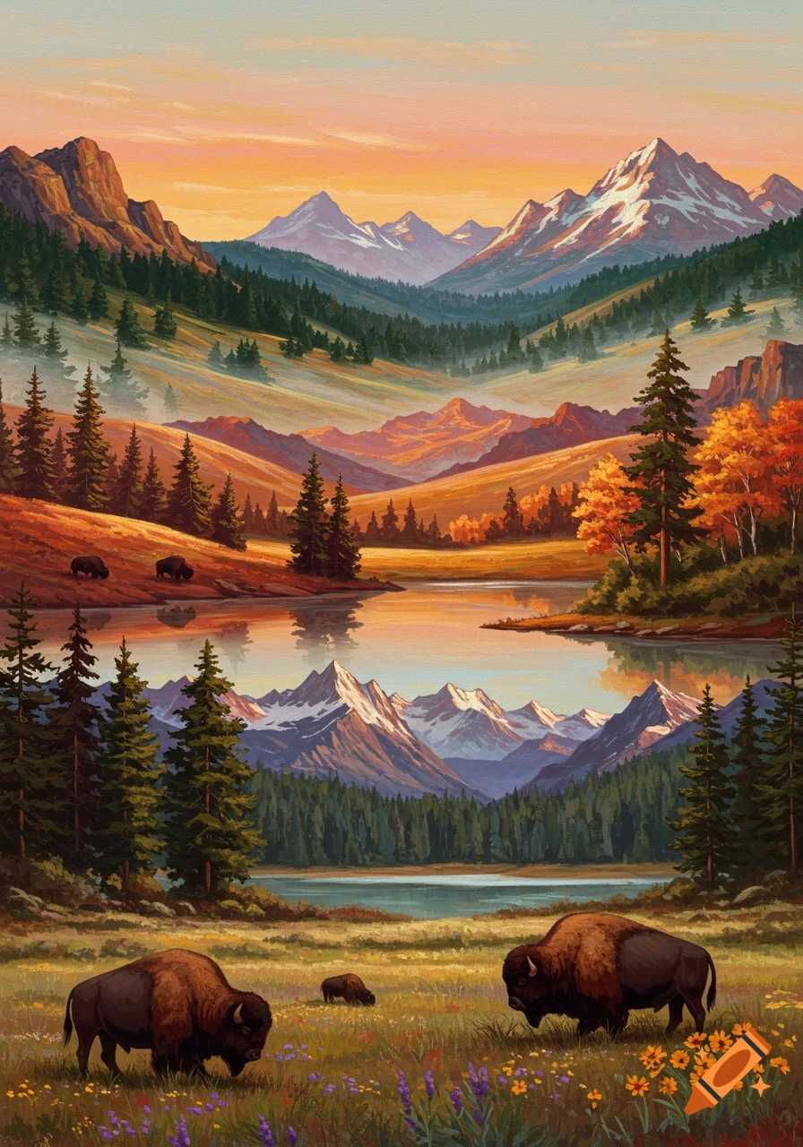 Impressionistic painting of a national park landscape with mountains, a lake, colorful trees, and bison grazing in a meadow at sunset.