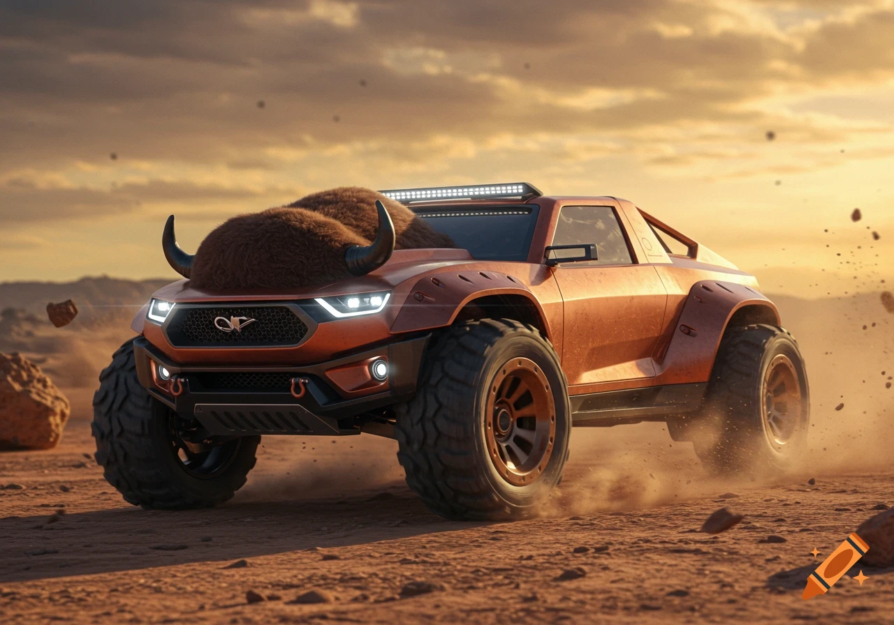 An orange offroad concept vehicle with bison fur and horns on the hood drives through a dusty desert landscape at sunset.