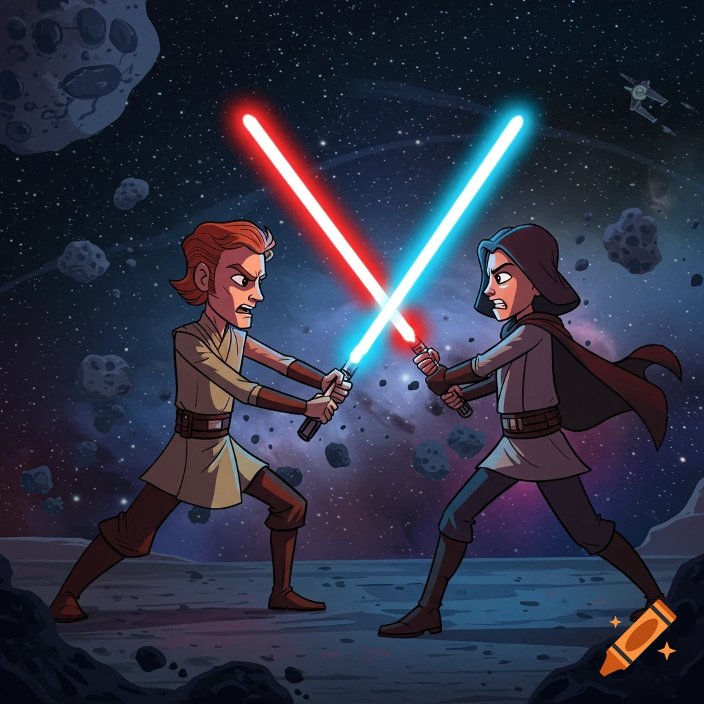 Cartoon style characters resembling Star Wars Jedi and Sith duel with red and blue lightsabers in space with asteroids.