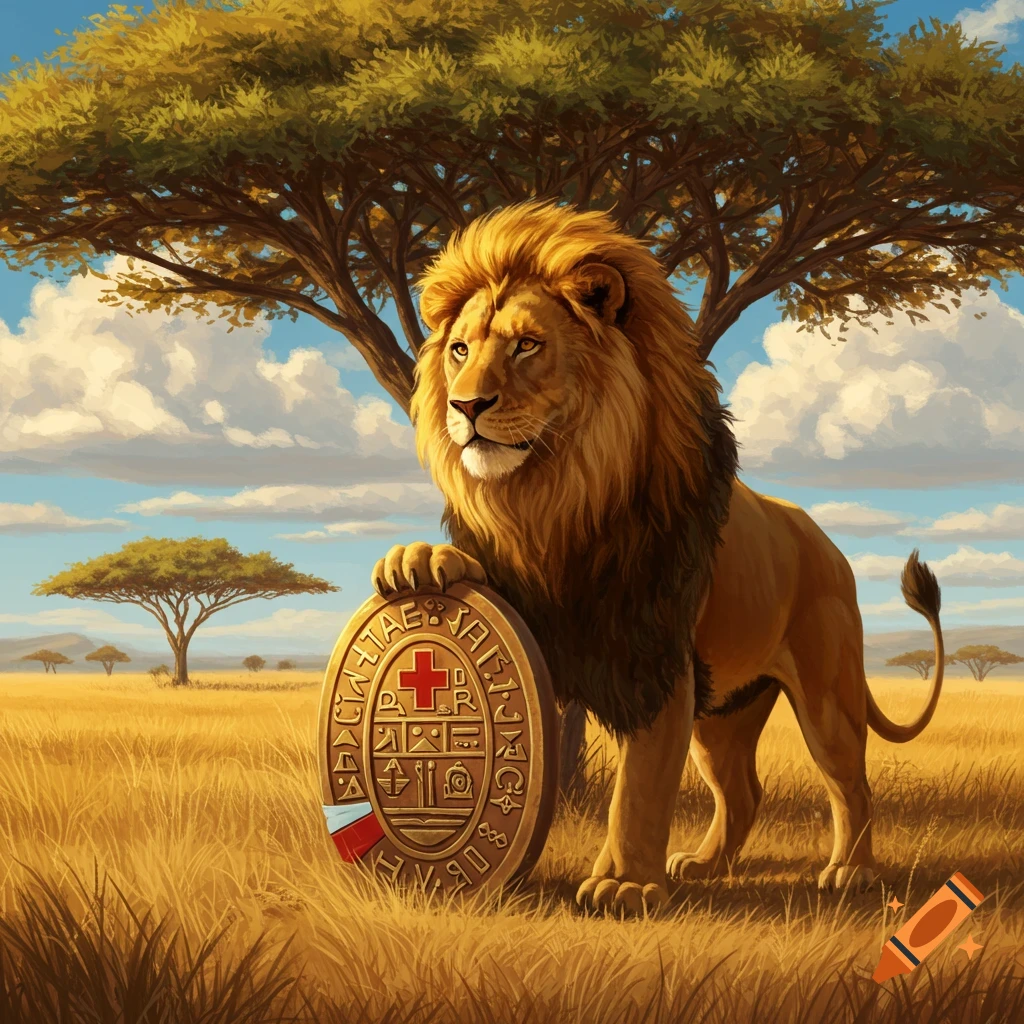 A majestic lion in a sunlit savanna, its paw resting on an ornate golden seal, with acacia trees in the background.