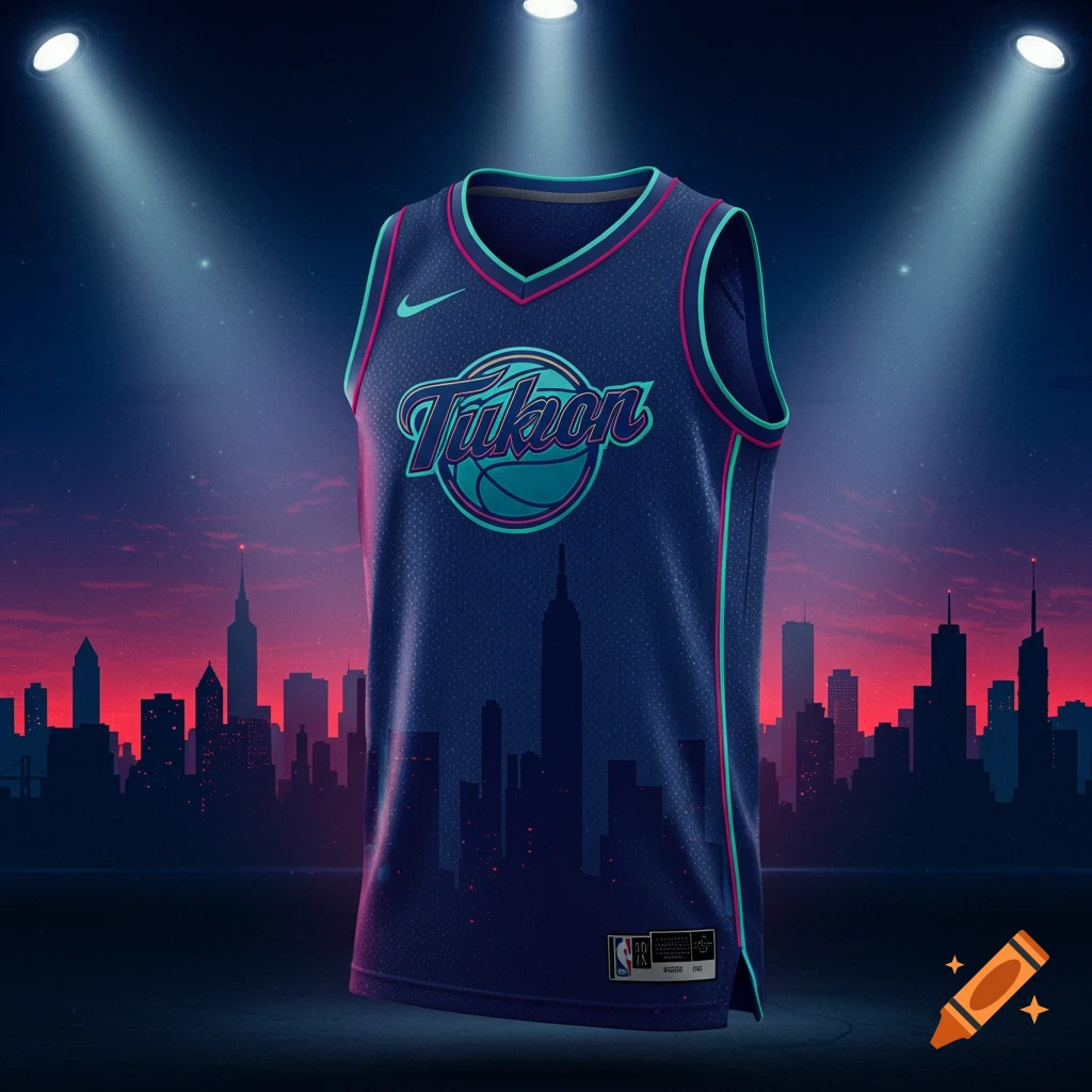 A dark blue basketball jersey with a teal and pink logo reading "Tukon" over a basketball. Spotlights illuminate the jersey against a city skyline at dusk.