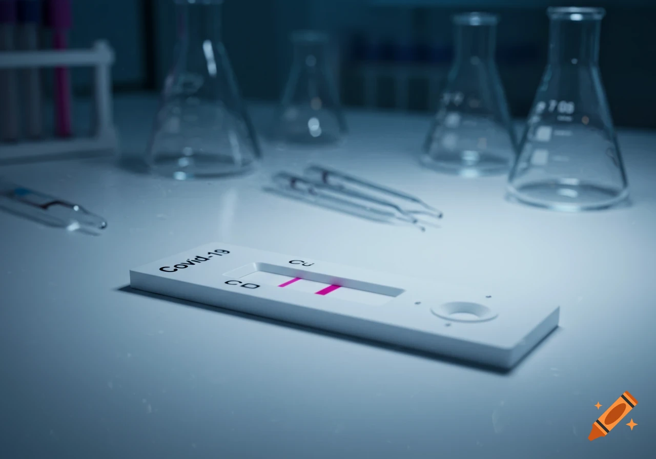 Photorealistic image of a Covid-19 rapid antigen test showing a positive result, with lab equipment in the background.