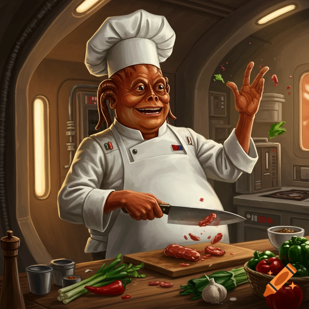 A smiling alien chef, reminiscent of Admiral Ackbar, wearing a white hat and apron, chops meat in a sci-fi kitchen with vegetables on a wooden counter.