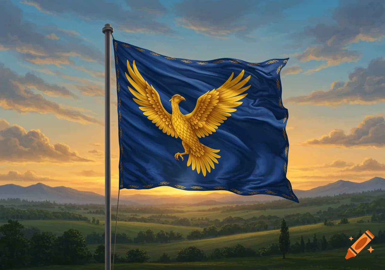 A vibrant blue fantasy flag with a golden phoenix or eagle emblem waves on a flagpole against a beautiful sunset over rolling green hills.