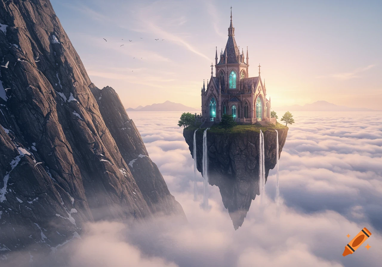 A majestic palace on a floating island with waterfalls, overlooking a cloud-filled valley next to a rocky mountain at sunrise.
