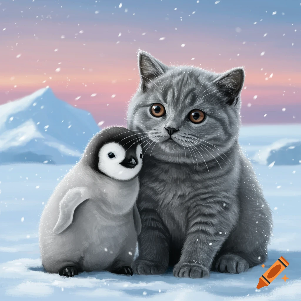 A fluffy grey British Shorthair cat sits next to a baby penguin in a snowy landscape with falling snow and a pink and blue sky.