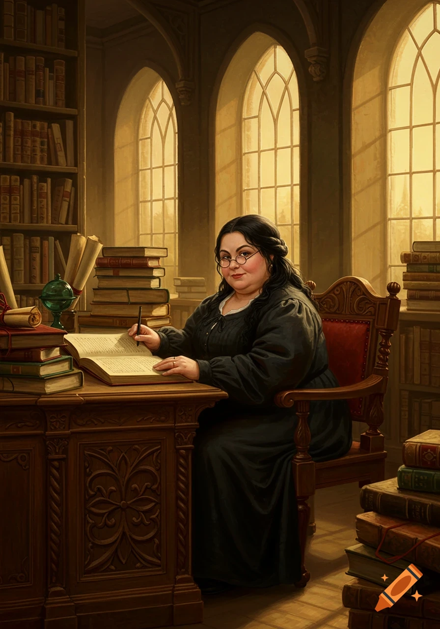 A woman with dark hair and glasses sits at a large wooden desk, writing in a book, surrounded by bookshelves and arched windows in an oil painting.