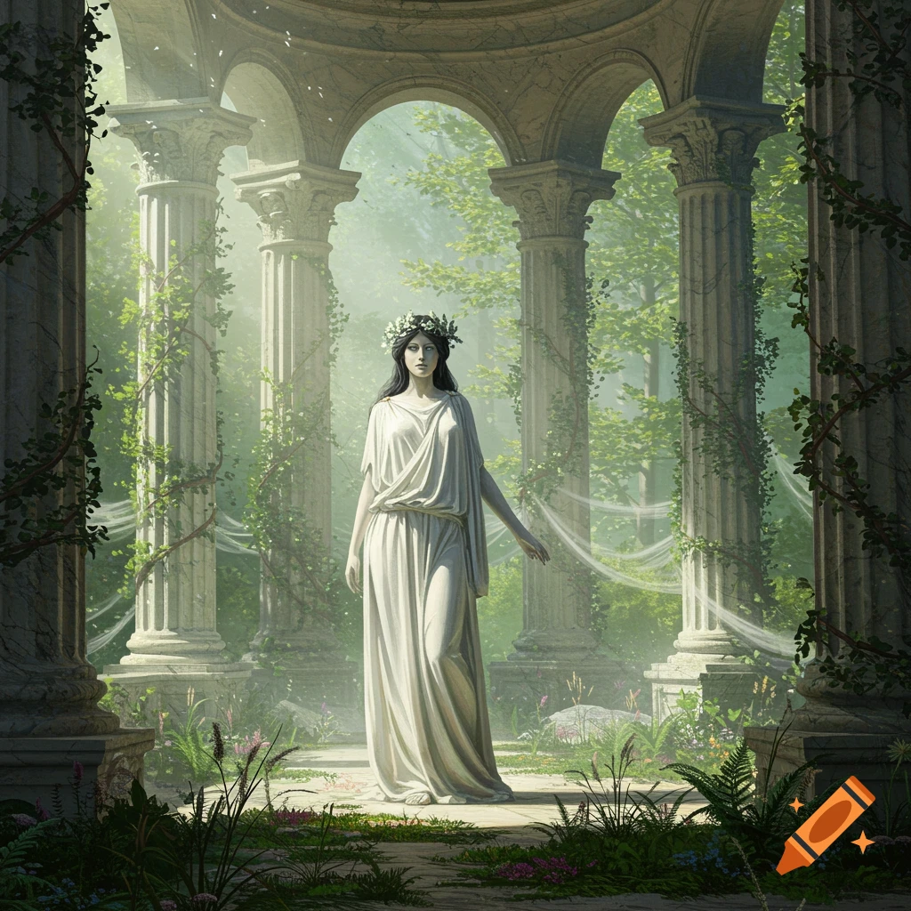 A woman dressed as a Roman goddess in a flowing white gown and an oak wreath stands in overgrown ruins in a sunlit forest.