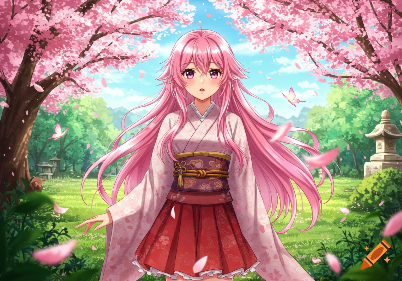 An anime girl with long pink hair wearing a floral kimono stands under pink cherry blossom trees in a vibrant garden.