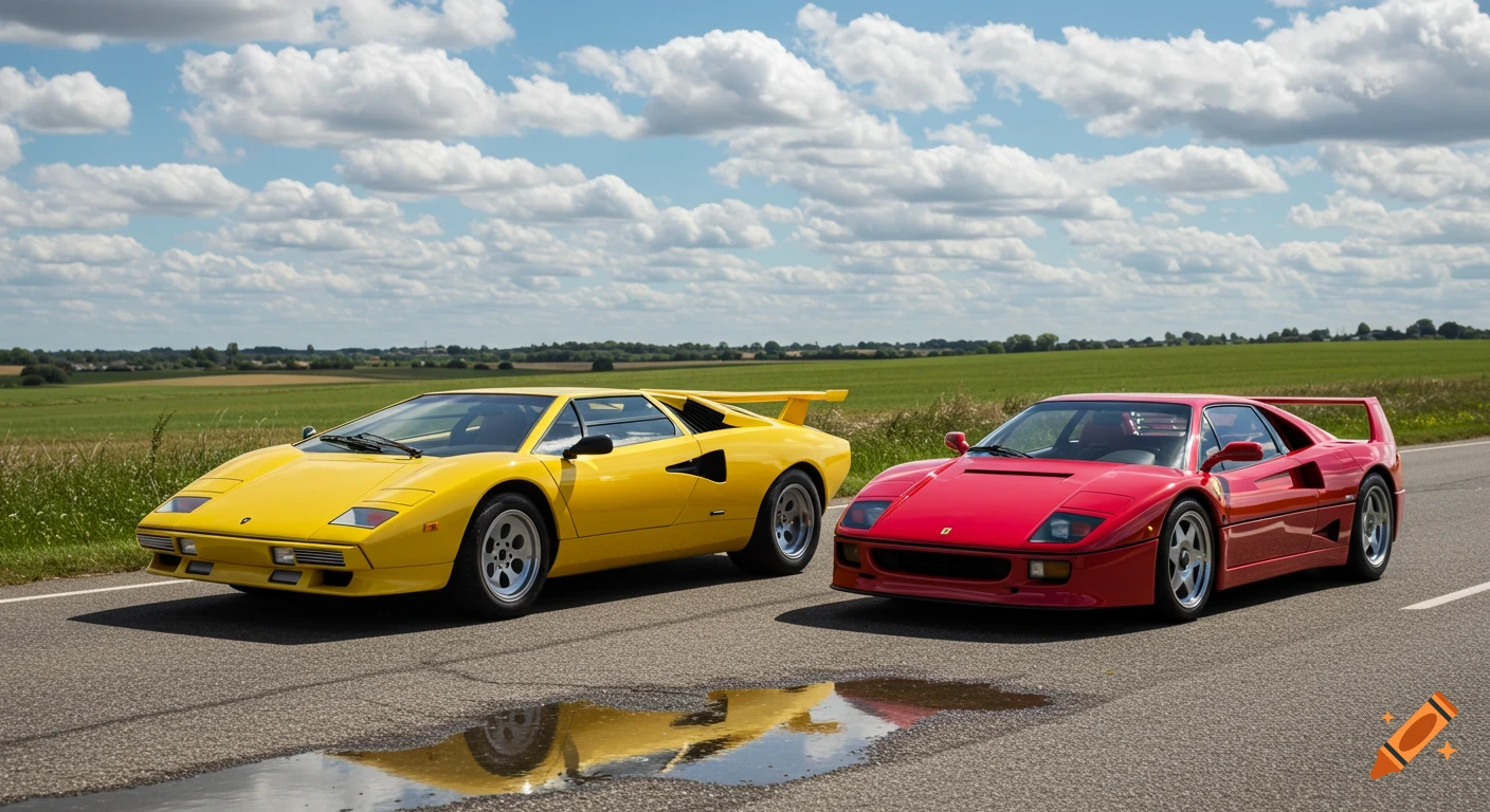A yellow Lamborghini Countach and a red Ferrari F40 are parked side-by-side on a rural road under a cloudy sky.