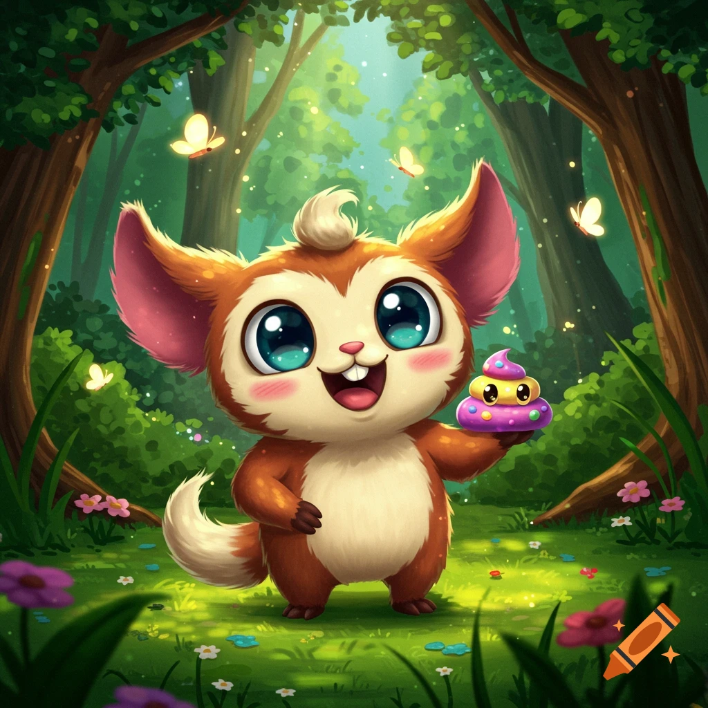 Cute cartoon creature with large eyes and ears, standing in a magical forest and holding a colorful, smiling poop emoji.