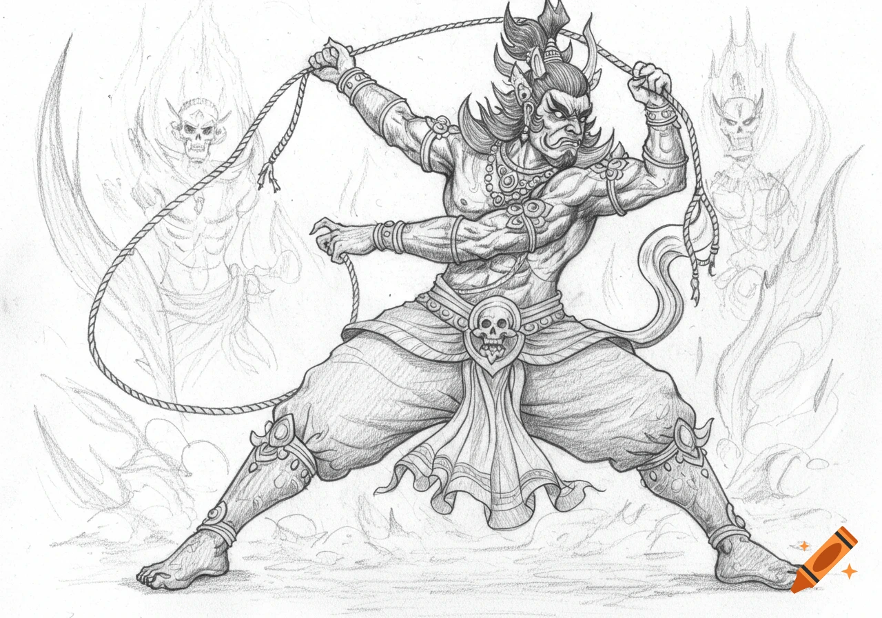 Pencil sketch of a muscular, demonic Yama Darma Raja figure swinging a rope, with ghostly skull figures in the background.