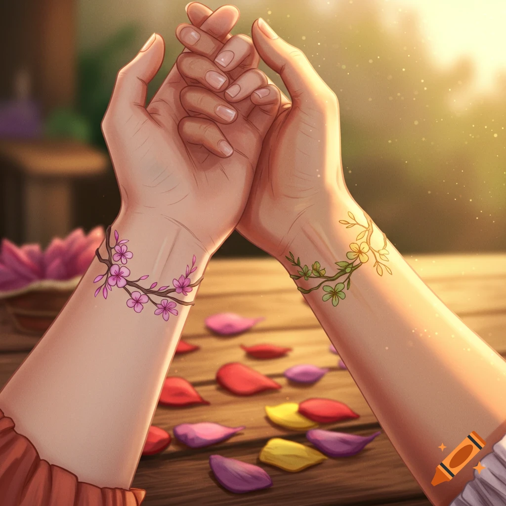Two hands clasped together, adorned with delicate floral vine tattoos, rest on a wooden surface scattered with colorful flower petals.